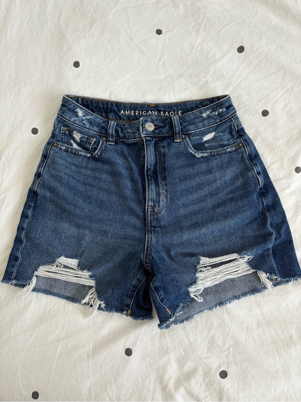 American Eagle Outfitters Dark Blue Distressed High-Rise Denim Shorts